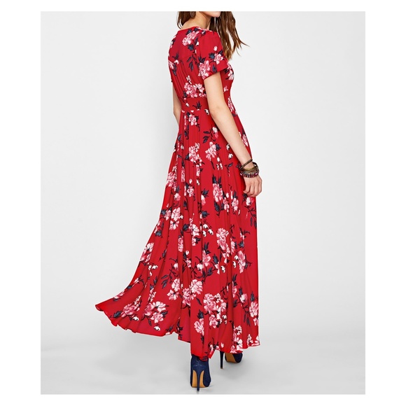 Red Floral Button Down Short Sleeve Maxi Dress - Picture 5 of 5